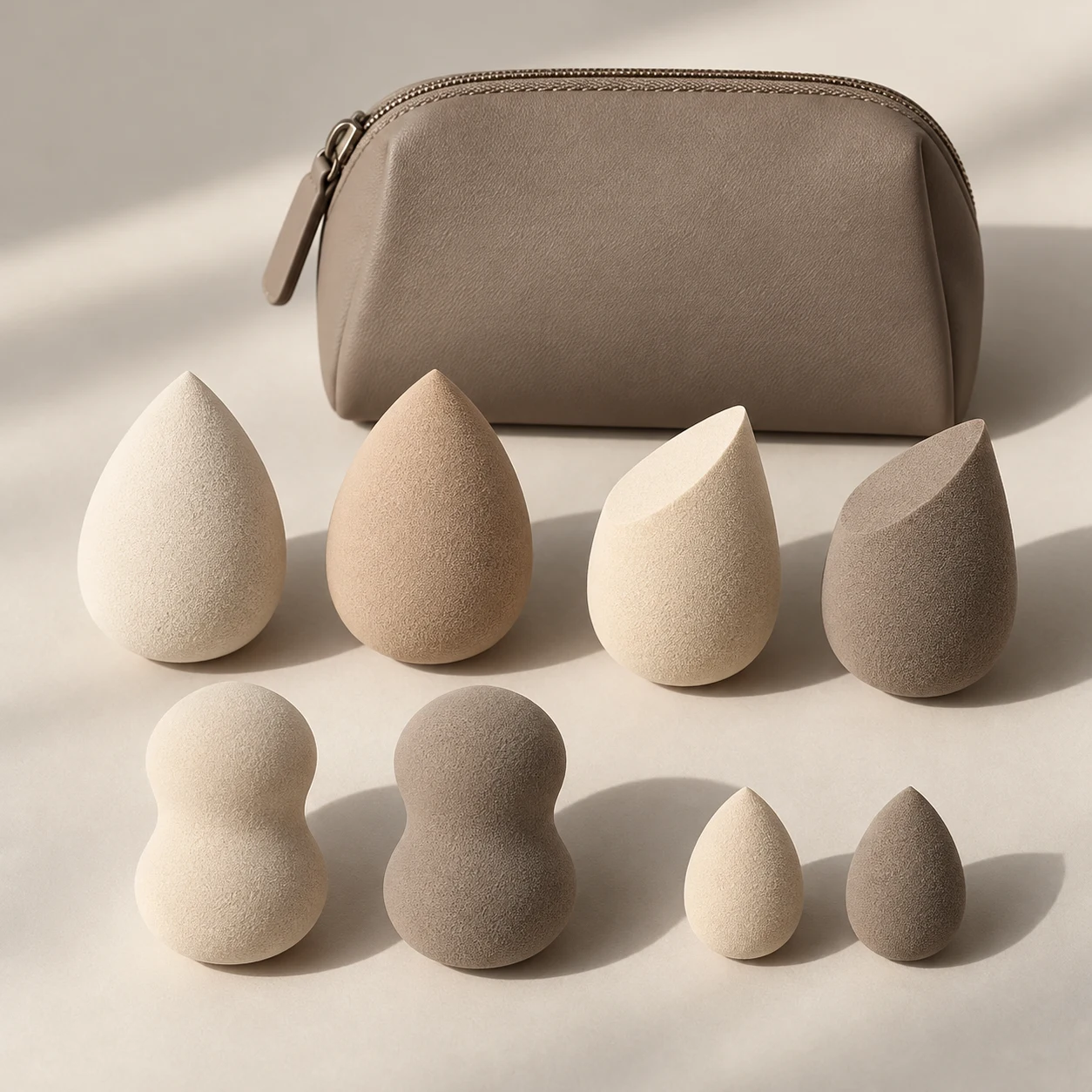 Artist Geometry — Two each: teardrop, slanted-cut and hourglass sponges (58–60 mm); two mini sponges (30 mm); PU zip pouch.