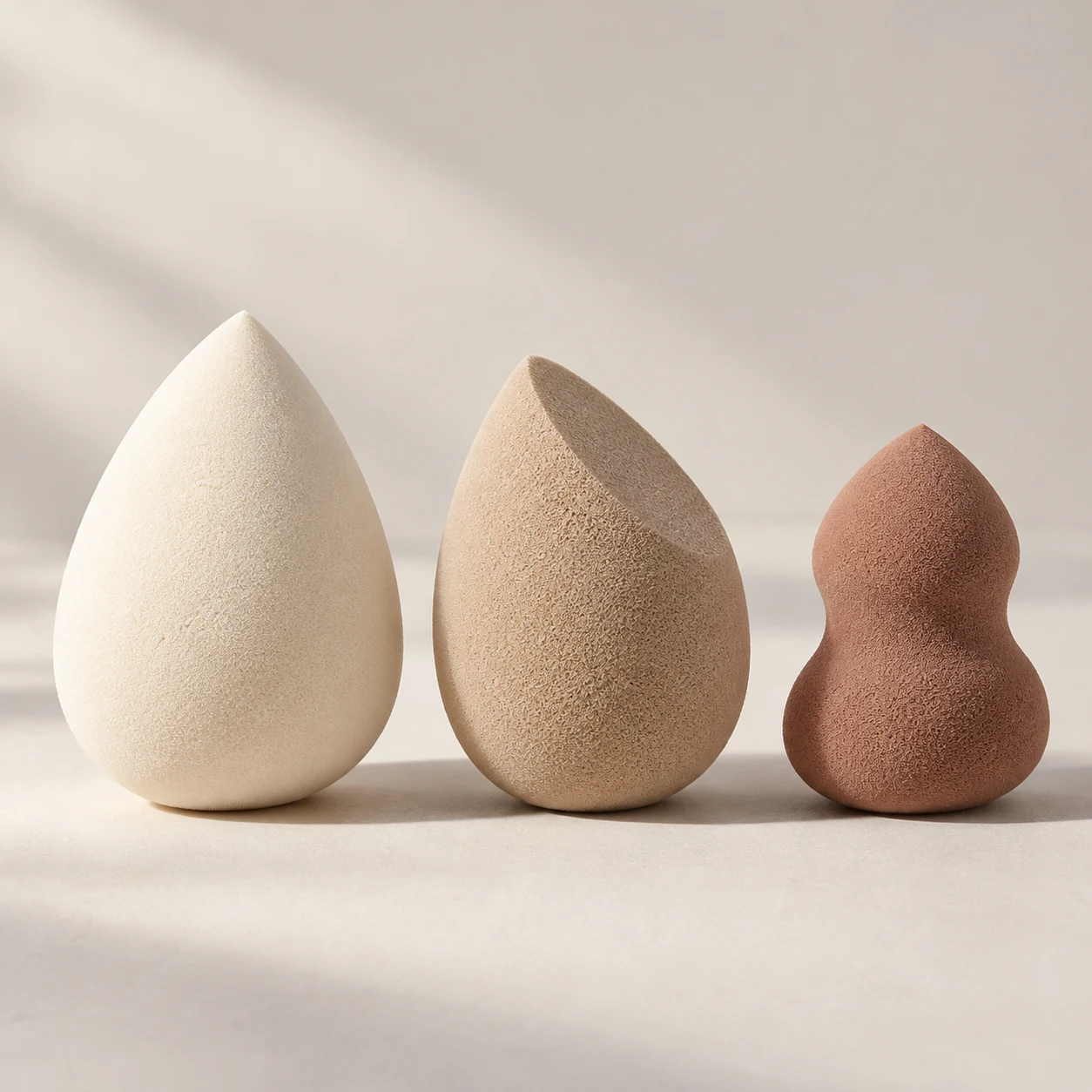 Contour Trio — One teardrop, one slanted-cut and one hourglass sponge, 58–60 mm high.