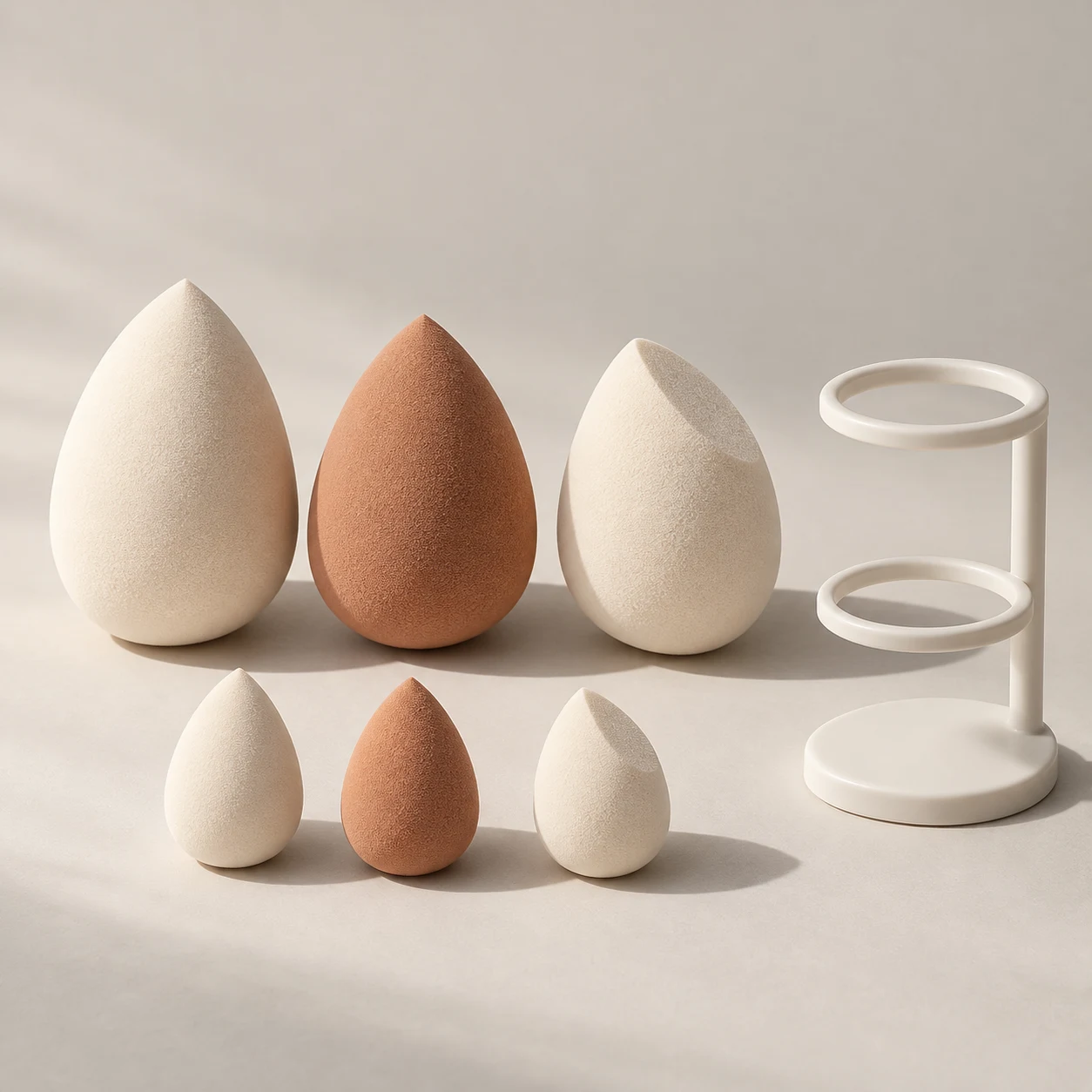 Face & Detail Set — Three full-size sponges (58–60 mm), three mini sponges (30 mm), one two-position ABS drying stand.