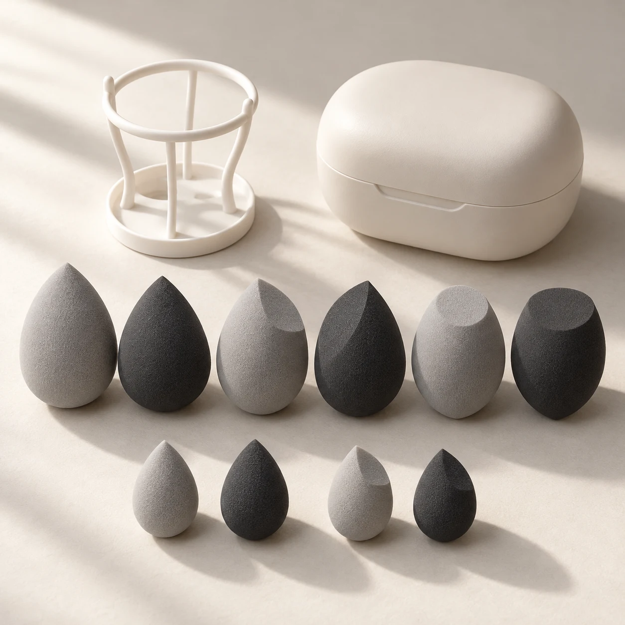 Monochrome Collection — Six full-size sponges (58–60 mm), four mini sponges (30 mm), ABS drying stand and ventilated PP case.
