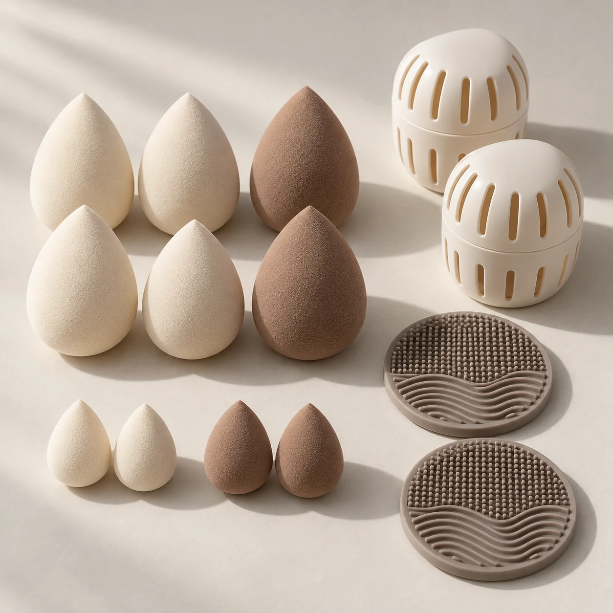 Ritual for Two — Six full-size sponges (58–60 mm), four mini sponges (30 mm), two ventilated PP cases, two silicone cleaning mats.