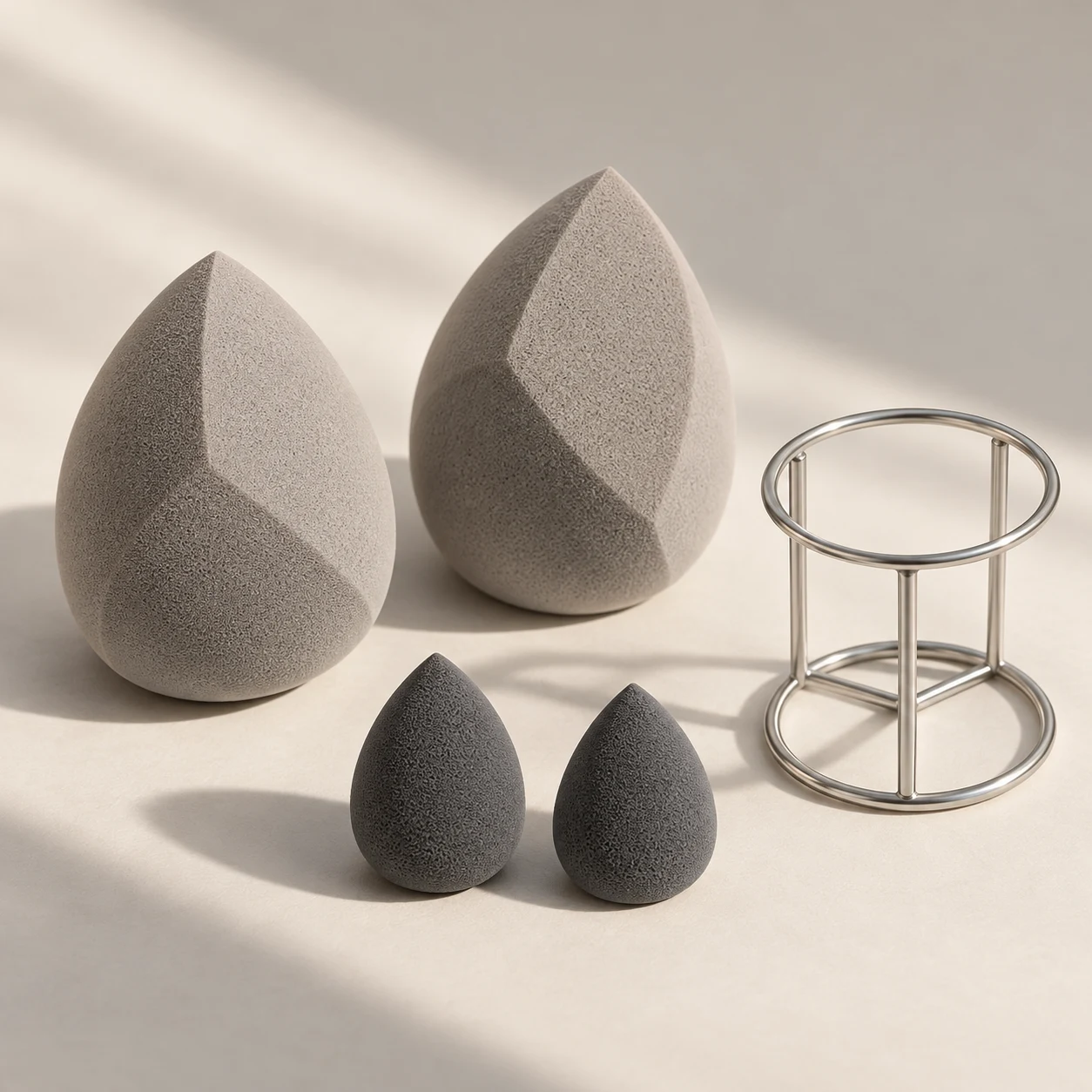 Sculpt & Rest — Two faceted sponges (60 mm), two mini sponges (30 mm); one 304 stainless steel drying stand.