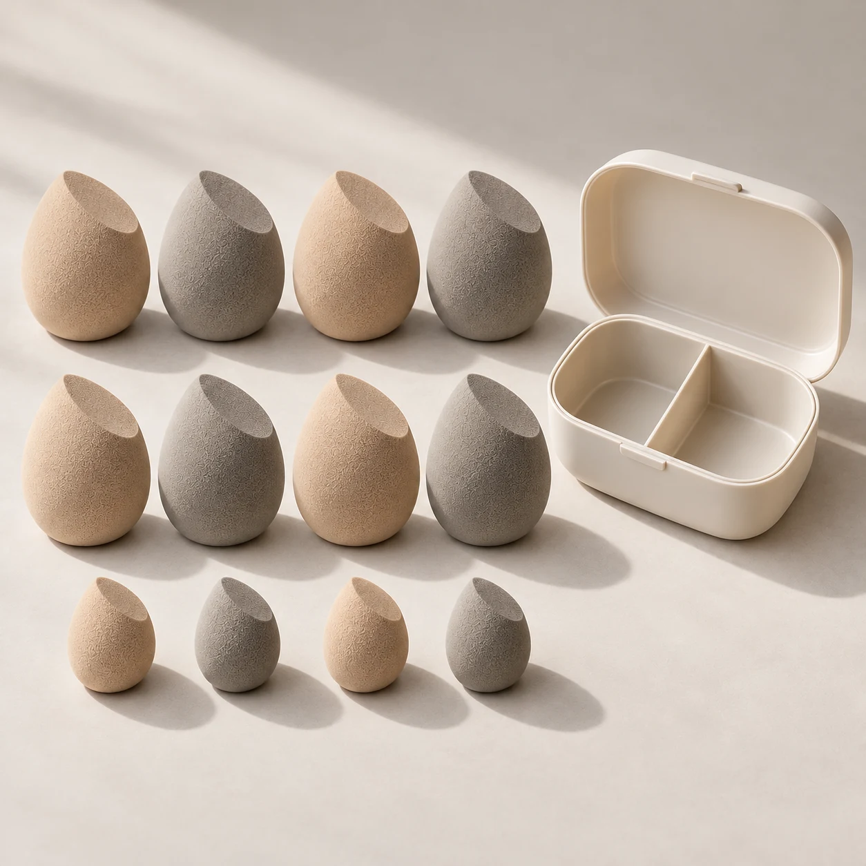 Studio Rotation — Eight full-size slanted-cut sponges (60 mm), four mini slanted-cut sponges (35 mm); divided PP case.