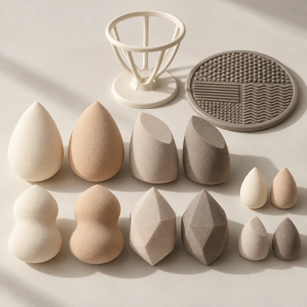 The Complete Form — Two each: teardrop, slanted-cut, hourglass and faceted (58–60 mm); four minis (30 mm); ABS stand and silicone cleaning mat.