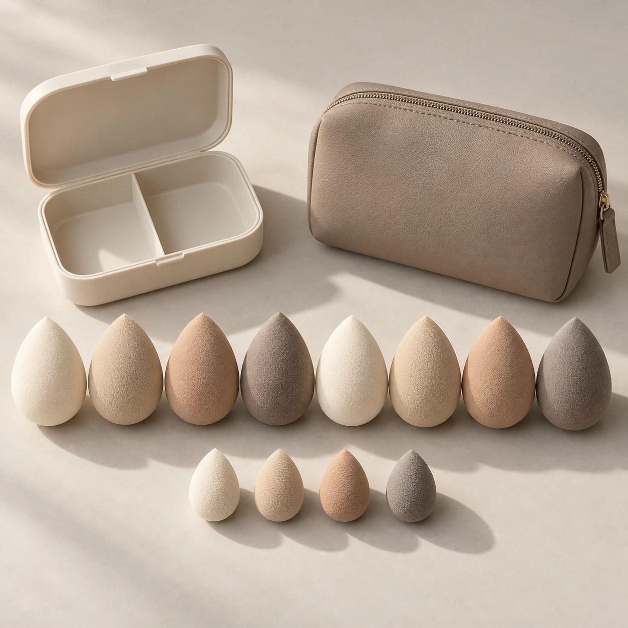 The Geometry Case — Eight full-size sponges (58–60 mm), four minis (30 mm), divided PP case and PU zip pouch.