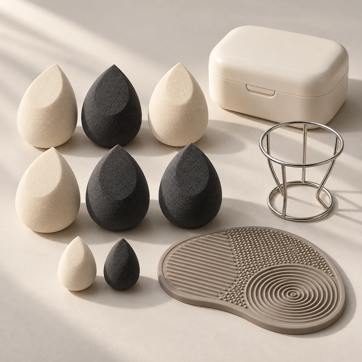 The Vanity Collection — Six full-size sponges (58–60 mm), two minis (30 mm), 304 stainless steel stand, silicone cleaning mat and PP case.