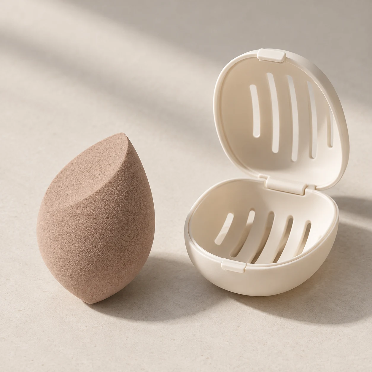 Travel Form — One slanted-cut sponge (60 mm); one ventilated PP case (85 × 70 × 70 mm).