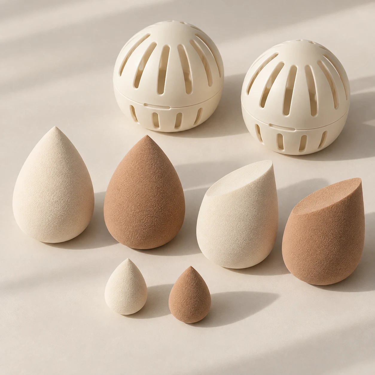Twin Ritual Set — Two teardrops (60 mm), two slanted-cut sponges (60 mm), two mini sponges (30 mm); two ventilated PP cases.