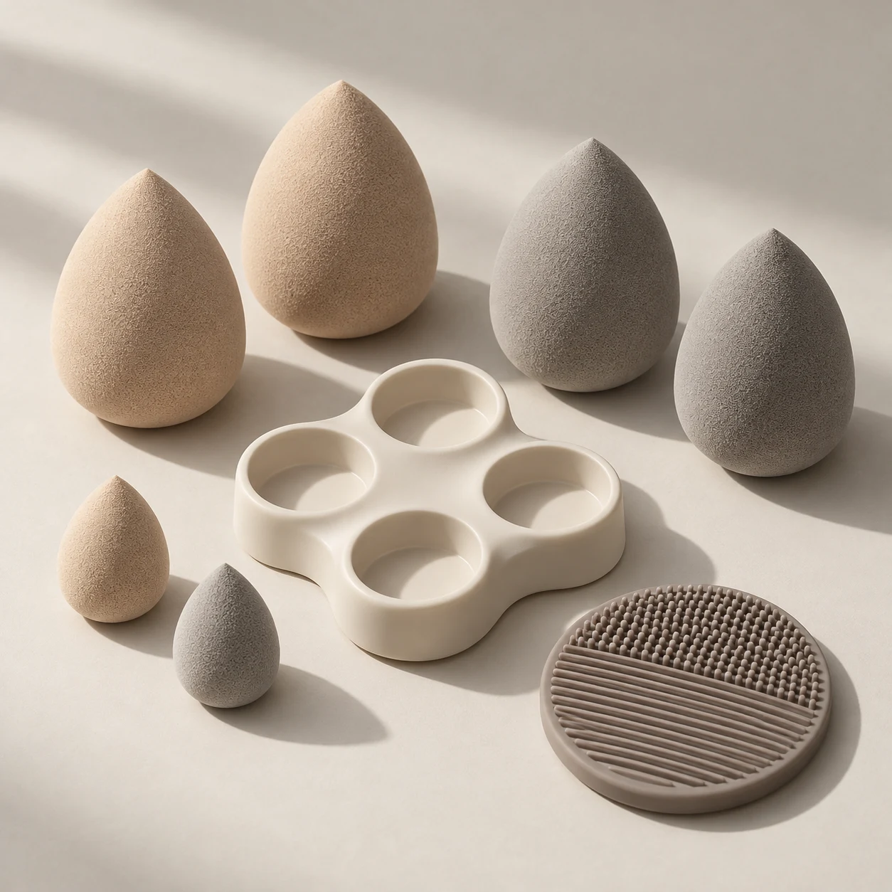 Vanity Architecture — Four full-size sponges (58–60 mm), two mini sponges (30 mm), four-position ABS stand, silicone cleaning mat.