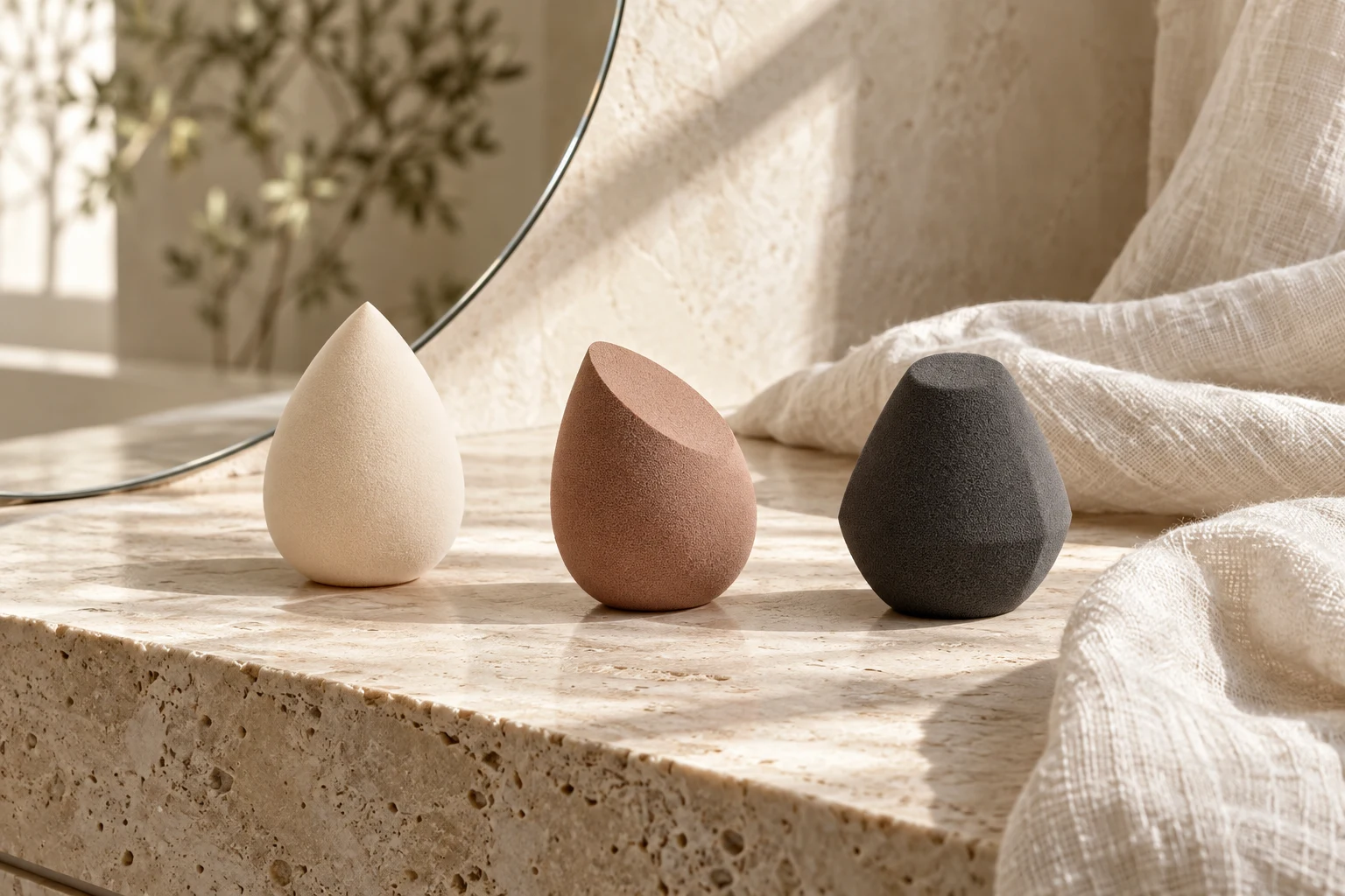 Makeup sponges arranged on a quiet, minimal vanity